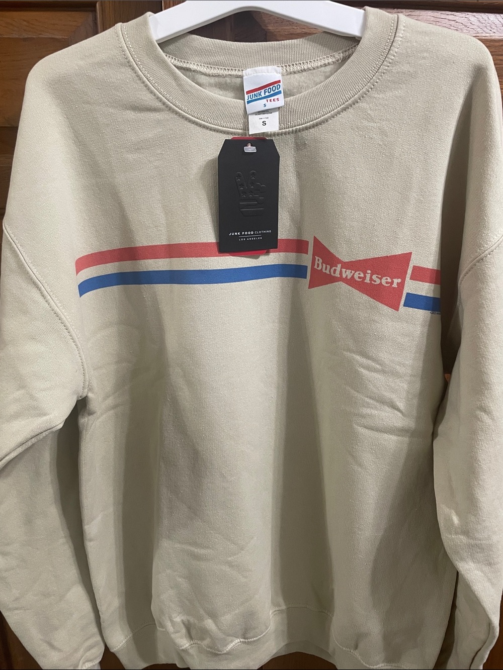 Budweiser Beige Crewneck with Red & Blue Chest Stripes Sz.S NEW Junk Food brand